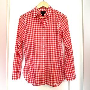 J. Crew Women's Coral and White Checkered Button-Down Shirt